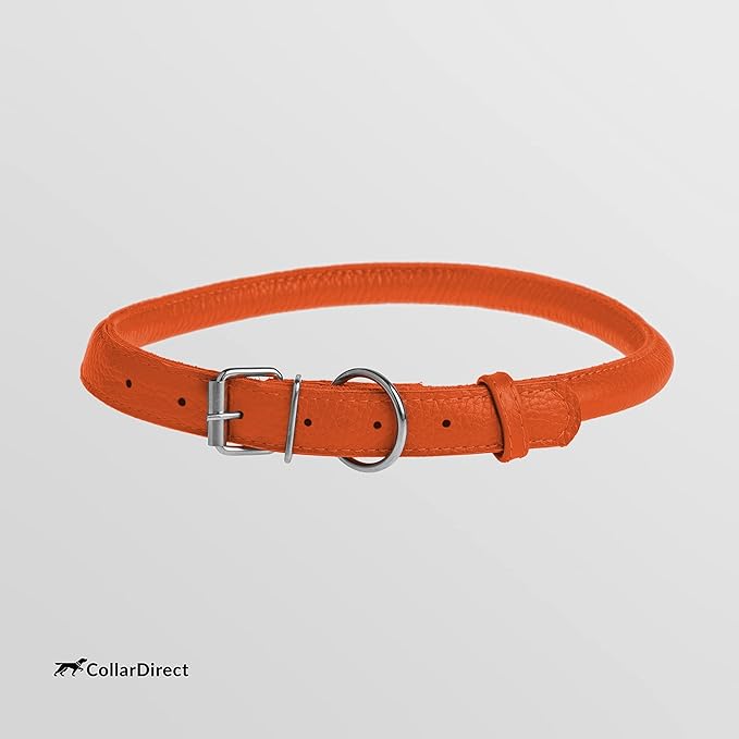 CollarDirect Rolled Leather Dog Collar, Soft Padded Round Puppy Collar, Handmade Genuine Leather Collar Dog Small Large Cat Collars 13 Colors (18-22 Inch, Orange Textured)
