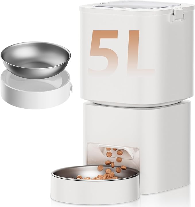 5L/21 Cups Automatic Cat Feeder, Timed Automatic Pet Feeders, Cat Dry Food Dispenser Dual Power, 10 Meals Programmable 1-15 Portion Control Cats Feeder, Pet Food Dispenser for Cats & Puppy(Not WiFi)