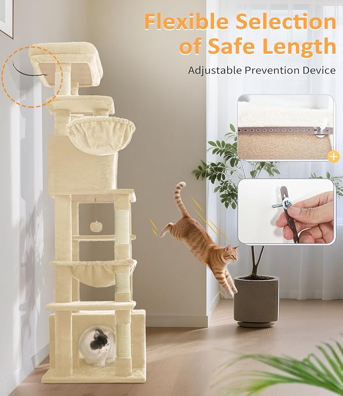 Cat Tree Large Cat Tower Tree 68" Multi-Level Cat Tower for Indoor Cats with Sisal Scratching Posts, Widen Cat Perche, Square Hammock, 2 Widen Condos, Scratching Posts, Beige