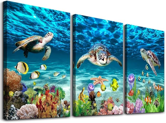 Canvas Wall Art for Living Room Large Size Wall decor for Bedroom Bathroom Wall Decoration blue Ocean Sea Turtle Paintings Modern shark Pictures Artwork office Decor Ready to Hang 16" x 24" 3 Piece