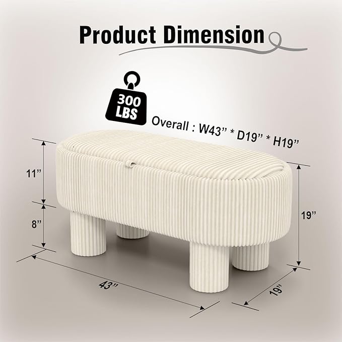 Corduroy Storage Ottoman Bench, 43" Upholstered Oval Footrest with Hidden Storage, Modern Design with Solid Wood Legs for Bedroom, Living Room, and Entryway Furniture, White