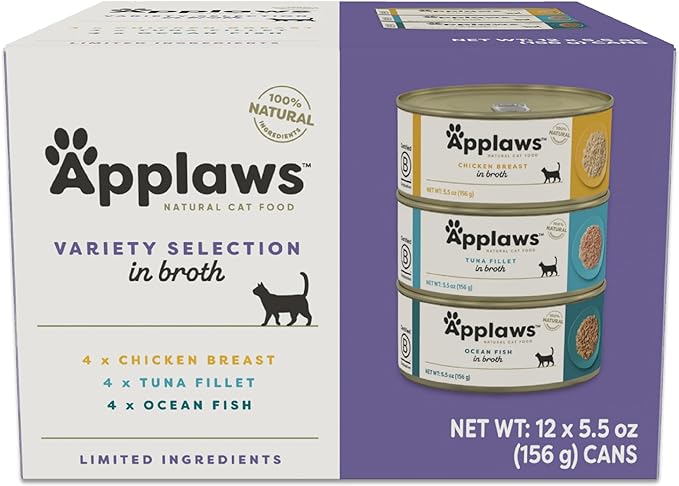 Applaws Natural Wet Cat Food, Limited Ingredient, Grain-Free, Protein with No Artificial Additives, Variety Pack in Broth (12 x 5.5oz Cans)