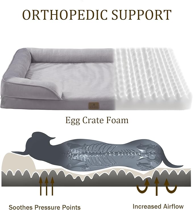 Bedfolks Orthopedic Dog Bed, Waterproof Dog Sofa Bed for Large Dogs, Egg Foam Pet Couch Bed with Removable Washable Cover and Nonslip Bottom, Light Grey