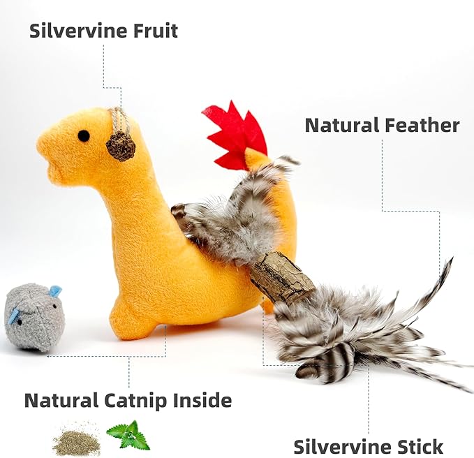 Catnip Toys 3 Pack – Plush Catnip Toy with Gall Fruit & Silvervine Stick with Feathers, Interactive Chew & Kick Toys for Indoor Cats, Relieve Stress & Encourage Exercise