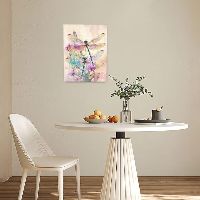 Dragonfly Bathroom Pictures Wall Art, Floral Bathroom Wall Decor, Framed Painting Canvas Artwork for Bedroom Living Room Decorations 16"L x 12"W