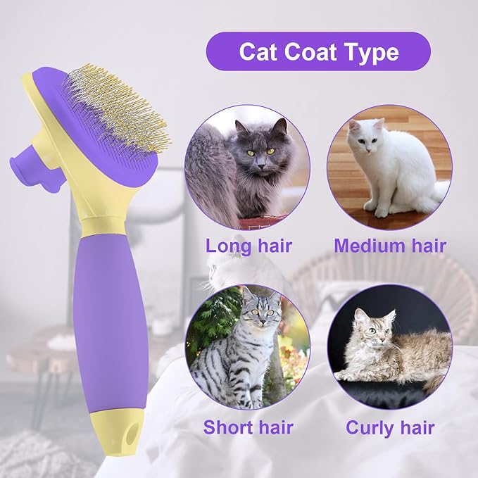 Cat Brush for Grooming and Shedding, Self-Cleaning Silicone Brush for Short and Long Haired Cats, Cat Gifts for Pet Lovers (purple)