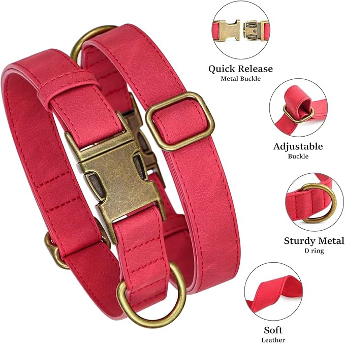 Didog Soft PU Leather Dog Collar, Stylish Quick Released Dog Collars for Large Dogs, Easy Clean Adjustable Pet Collar for Daily Walking, Red, XL Fit 17-27" Neck