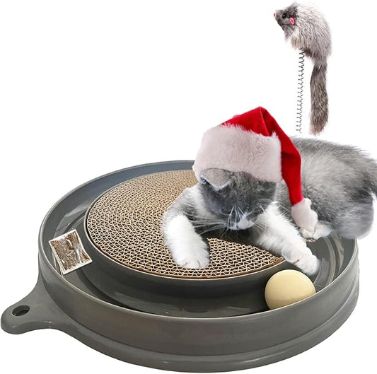 AUOON Cat Scratcher Toy - Cat Scratch Pad with Cat Toy Ball Track and Plush Mouse Toy for Indoor Cats and Kittens (Gray)