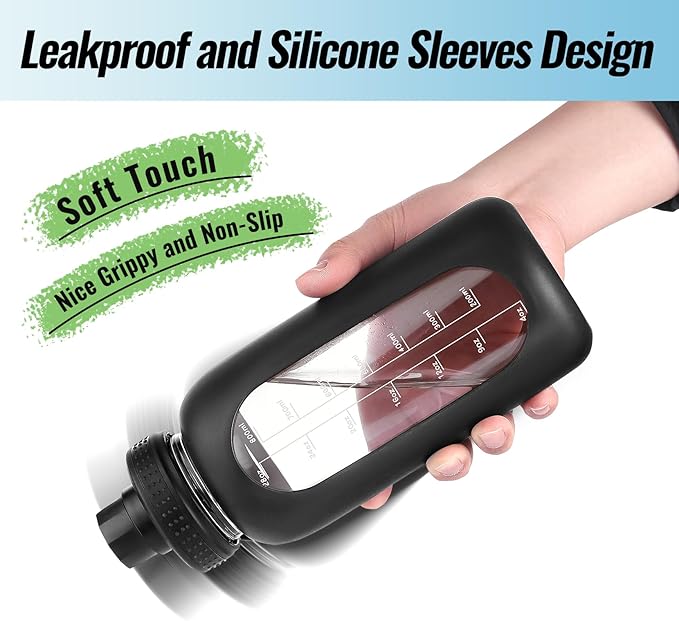 64 oz Glass Water Bottle With Straw and Handle, Half Gallon Sports Motivational Water Jug Flask with Silicone Sleeve, Large Water Cup with Time Marker for Travel, Gym, Blush