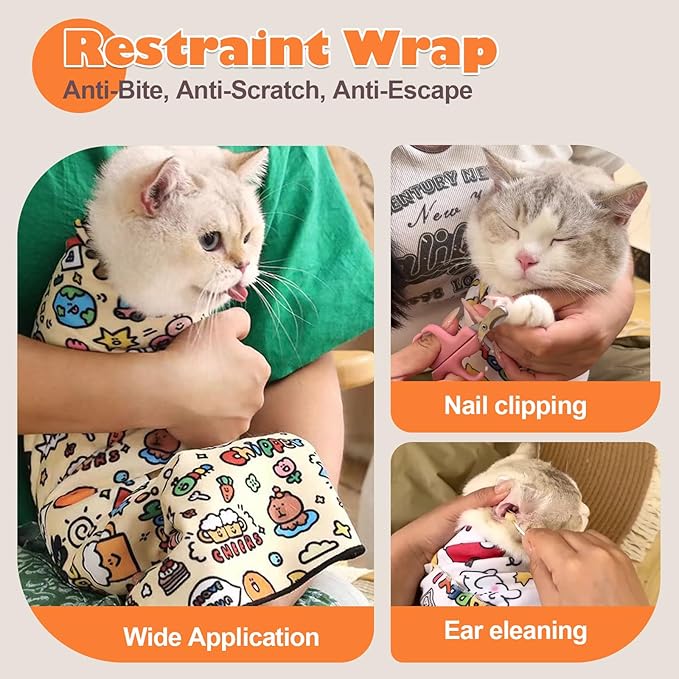 Cat Grooming Wrap, Cat Wrap Self-Adherent, Anti-Scratch Anti-Bite, Anti-Escape Grooming Bag for Cats Nail Clipping, Ear Cleaning, and Teeth Brushing (27.6 × 27.6" Cow Pattern)