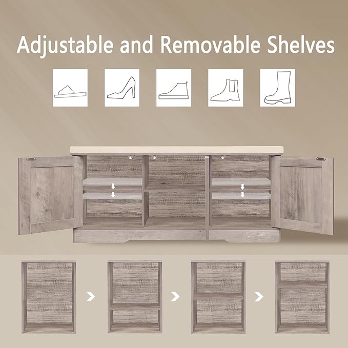 DINZI LVJ Shoe Bench, Entryway Storage Bench with Doors, Cushion, 2-Tier Shoe Rack with 6-Cubby, 39.4”L x 13.8”W Shoe Organizer Cabinet, Adjustable Shelf, Living Room, Bedroom, Greige
