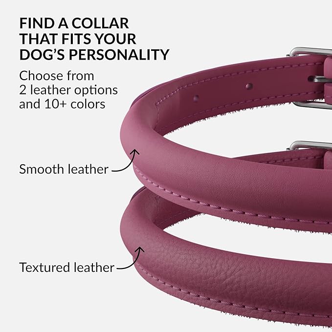 CollarDirect Rolled Leather Dog Collar, Soft Padded Round Puppy Collar, Handmade Genuine Leather Collar Dog Small Large Cat Collars 13 Colors (8-11 Inch, Pink Smooth)