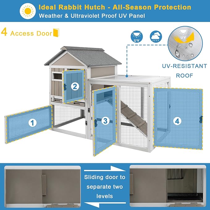 48" L Rabbit Hutch Outdoor Indoor Bunny Hutch Weatherproof, 2-Story Wood Rabbit Cage with Deep Tray, Chew-Resistant Ramp, UV Roof, Bunny House for Small Animal, Expandable Guinea Pig Cage