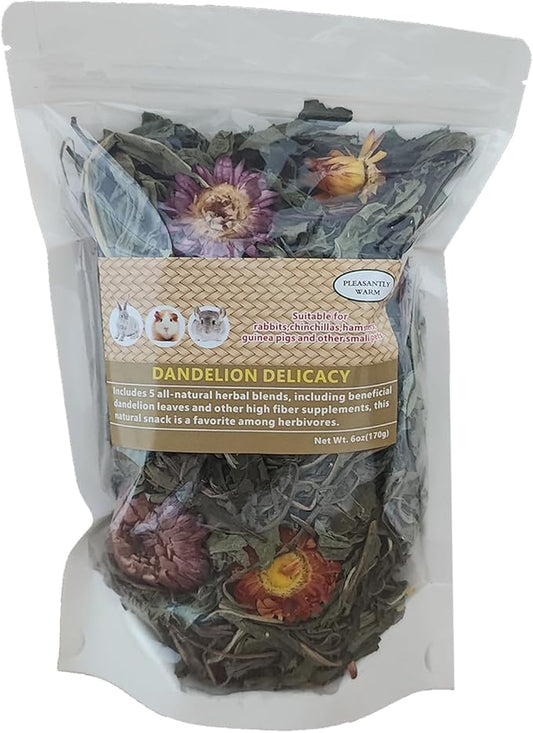 Dandelion Treat - High Fiber Food for Chinchillas, Guinea Pigs & Squirrels - 5 Herbal Blends, 6oz - Rabbit, Hamster & Small Pet Snack