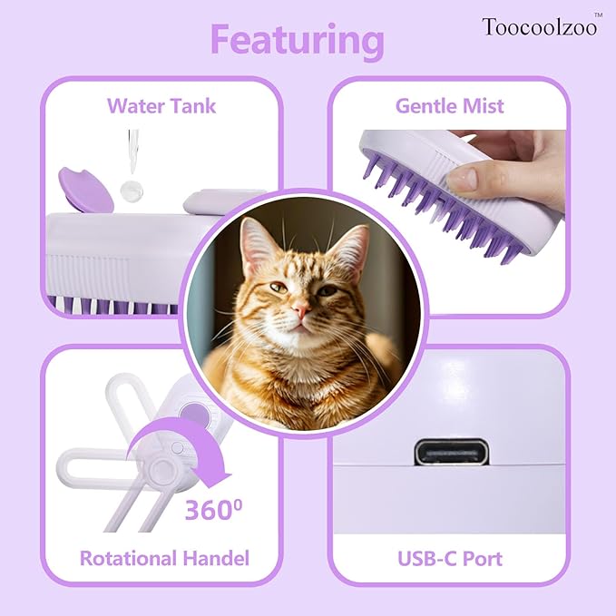 3-in-1 Cat Steam Brush, Rechargeable Cat Brush with Steam, Spritz Defur Comb for Dogs, Spritz Defur Comb for Cats (Purple)