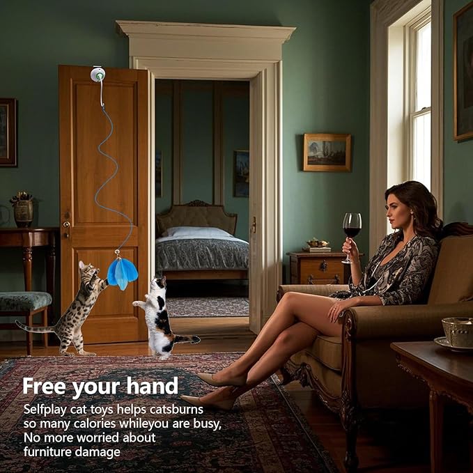 Cat Toys Hanging Door Electric and Moving Ball, Cats Toy Interactive for Indoor for Bored Feather Toys Kitten Rechargeable Door Hanging Automatic Retractable String（White）