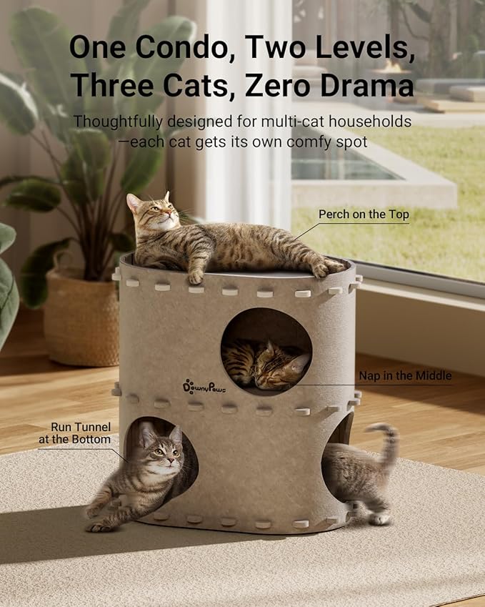 DownyPaws Cat House for Indoor Cats, 2-Storey Foldable Cat Bed Cave, Felt Cats Tunnel Bed Condo, Castle Kitten Cube Hideaway for Multicats, Scratch Resistant, Cream