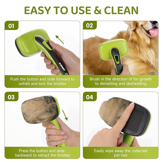 Dog Brush Kit – 3 PCS Grooming Set with Self-Cleaning Brush, Undercoat Rake & Pet Bath Brush. Great for Shedding, Tangles & Dirt Removal – Ideal for Long & Short Haired Dogs & Cats, Green