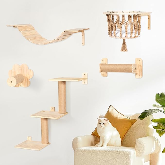 Cat Wall Shelves and Perches, Wall Mounted Cat Furniture with Hammock, Bridge, Tree, Steps and Scratching Posts, Wooden Climbing System for Indoor Large Cats and Kittens