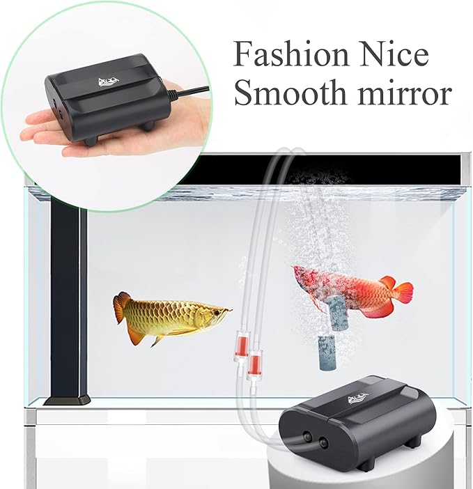 AQQA Aquarium Air Pump,3.5W 5W Dual Outlet Oxygen Pump with 2 Air Stone,Adjustable Air Valve Quiet Bubbler Pump,Up to 160 Gallon Fish Tank (5w)