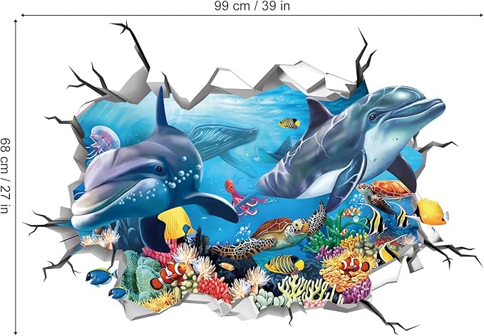 decalmile 3D Under The Sea Dolphin Fish Wall Decals Ocean Turtle Seaweed Broken Wall Stickers Boys Bedroom Living Room Bathroom Wall Decor