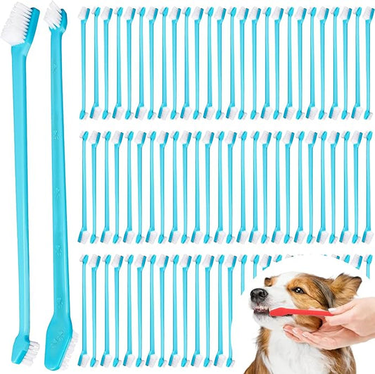 Brand Name 100pcs Double Headed Soft Bristle Toothbrush Brush Kit - Long Handle for Dogs, Cats & Pets - Blue