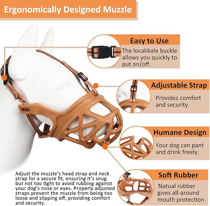 BARKLESS Dog Muzzle, Basket Muzzle for Biting, Chewing and Scavenging, Humane Cage Mouth Cover, Perfect for Grooming and Training Large Aggressive Reactive Dogs (XL, Brown)