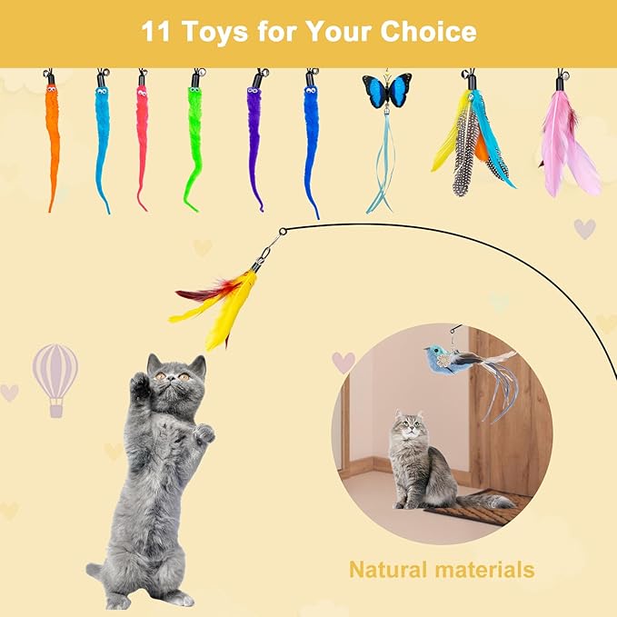 Cat Feather Toys, 14PCS With 2 Slots Super Suction Cup, Detachable 2PCS Wand & 11PCS Replacement Teaser Refills With Bell, Interactive Toy for Indoor Cats Kitten Play Exercise