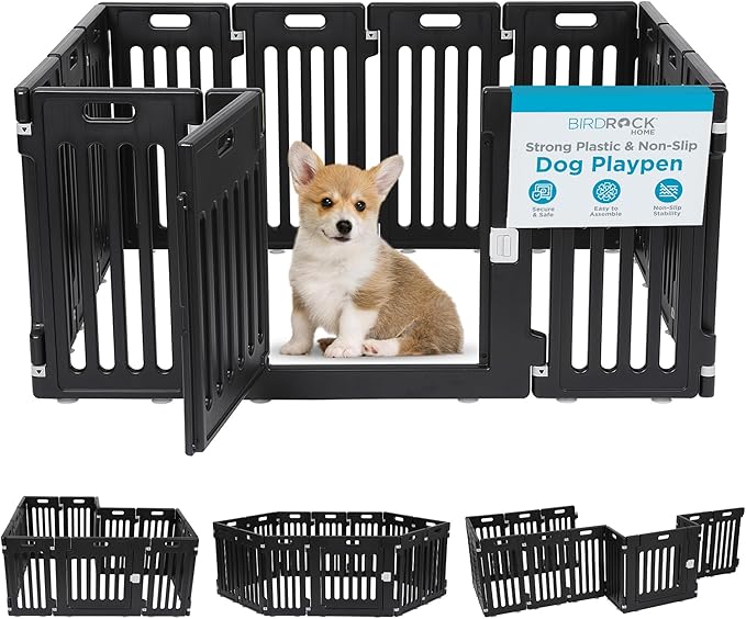 BIRDROCK HOME Dog Playpen w/Door, 12 Panel, 25.6in H | Strong Plastic, Non-Slip Puppy Playpen, Secure Pet Gate | Indoor Outdoor Fence | Configurable Panels | Small to Medium Pets - Black