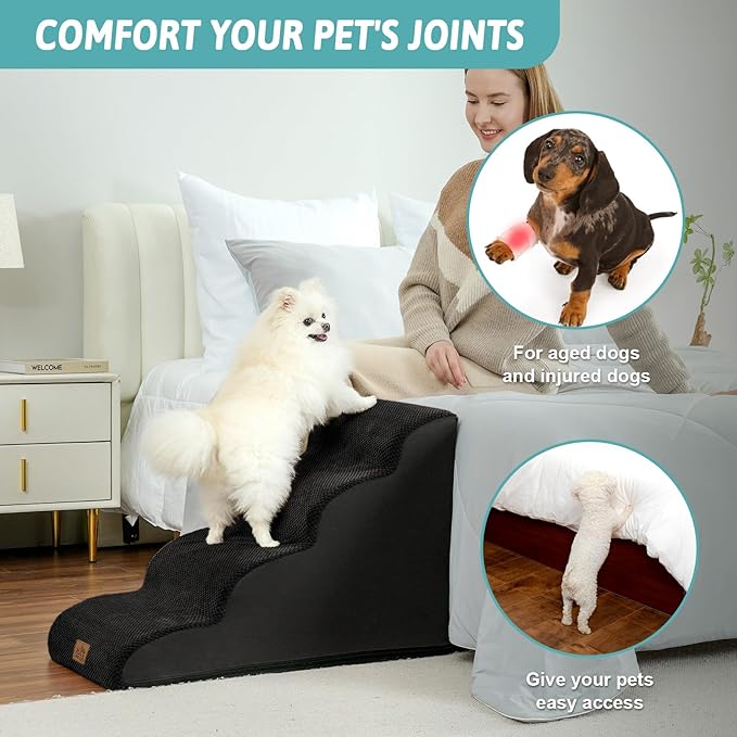 Dog Stairs for Small Dogs 19.7" H, Curved Dog Step for Puppy, Older or Cat, Medium Pet Ramp for Sofa, Couch or Bed, Ladder with High Density Foam, 15.7x28.3x19.7 inch, 4 Step, Black