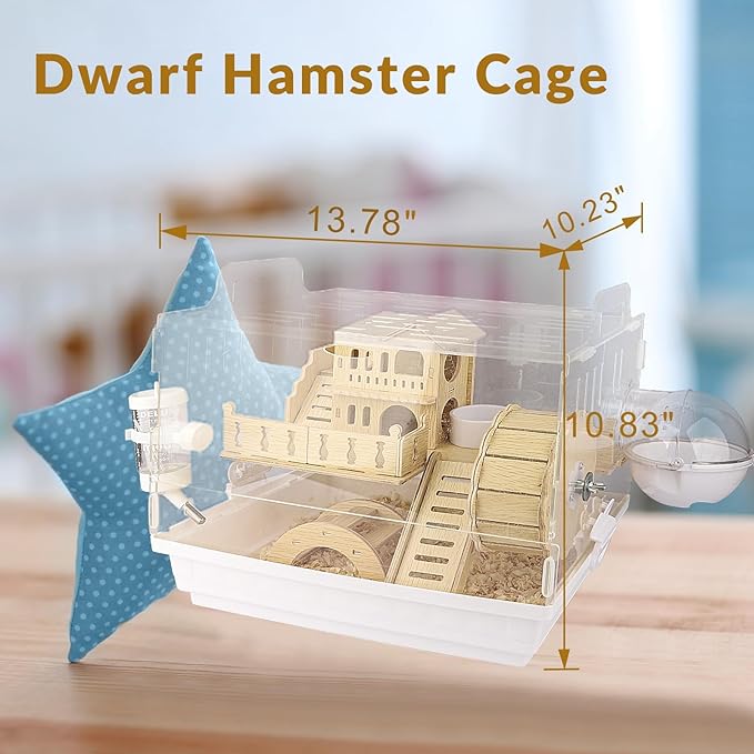 Cycodo 8 in 1 Acrylic Hamster Cage,2-Tier Dwarf Hamster Cage with Wooden Wheel & Hideout,Small Hamster Habitat with Accessories,Clear Pet Mice House(White,14" L*10" W*11" H)