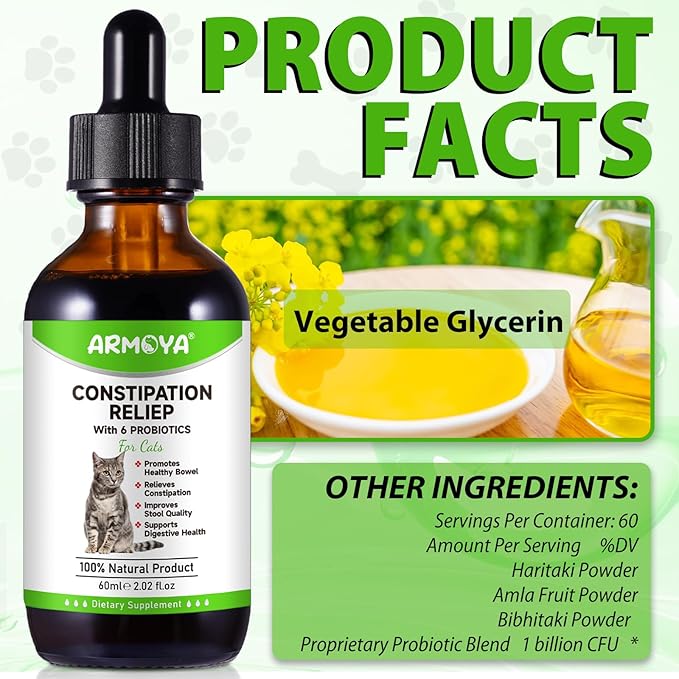 Cat Constipation Relief, Constipation Relief for Cat, Cat Laxative Constipation Relief, 100% Natural Cat Laxative with 6 Probiotics Cat Stool Softener, Promotes Digestive Health - 2 fl oz