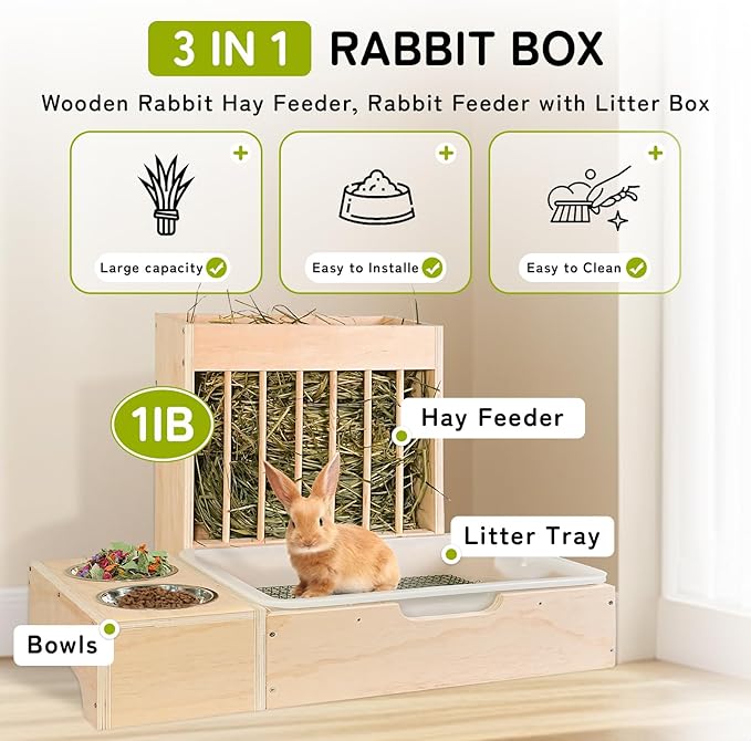 3 in 1 Extra Large Rabbit Hay Feeder with Litter Box, Wooden Bunny Toilet, for Large and Medium-Sized Dwarf Rabbit, Guinea Pig, Chinchillas, Hamster, Ferret, Other Animals