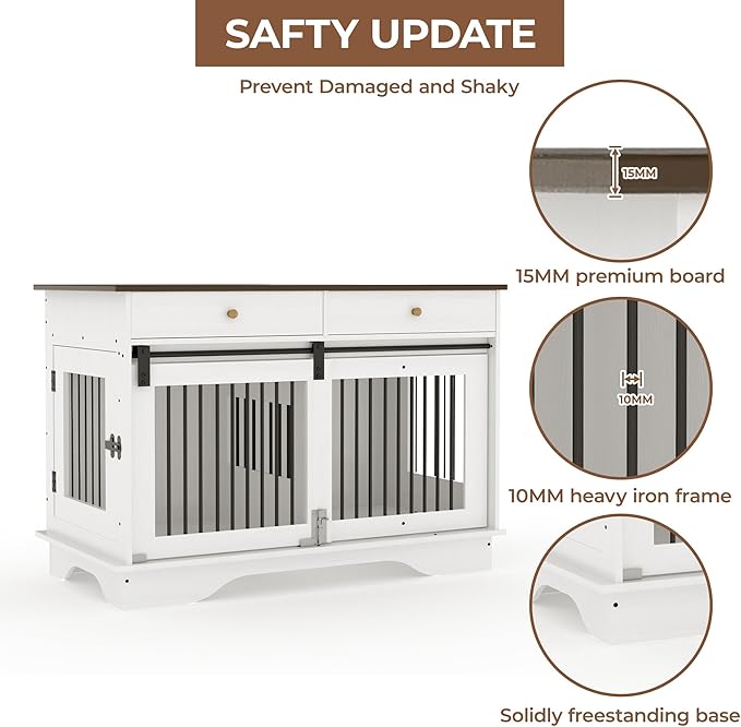 Dog Furniture Crate, 47" Large Dog Crate Furniture w/ 2 Storage Draws & Removable Divider for Large/Medium/Small Dogs (White, Double Cage)