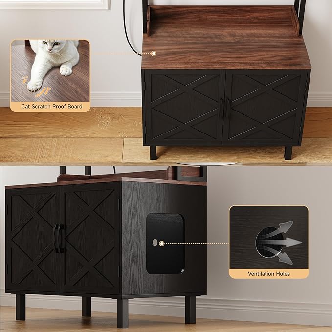 55 Inches Cat Litter Box Enclosure, Hidden Litter Box Furniture with 2 Storage Shelves and Charging Sockets, Wooden Cat House, Large Indoor Cabinet for Living Room & Entryway, Black