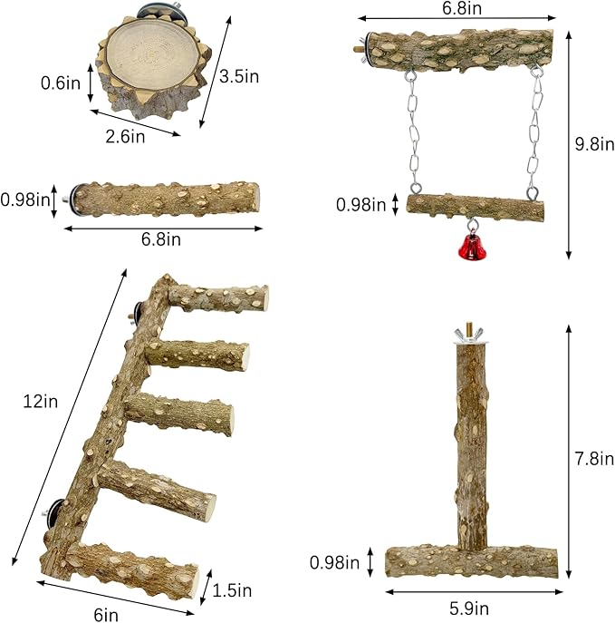 BNOSDM Natural Wood Bird Ladder Perch 6Pcs Parrot Stand Branches Climbing Chewing Stick Parakeet Swing Toys Cage Accessories Paw Grinding Fork Sets for Lovebirds Cockatiels Conure Budgies