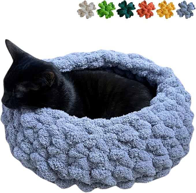Cat Nest Bed – Premium Handwoven Washable Extra Soft Round Cave House for Indoor Kitten & Kitty, Small & Large (Grayish Blue,Medium)