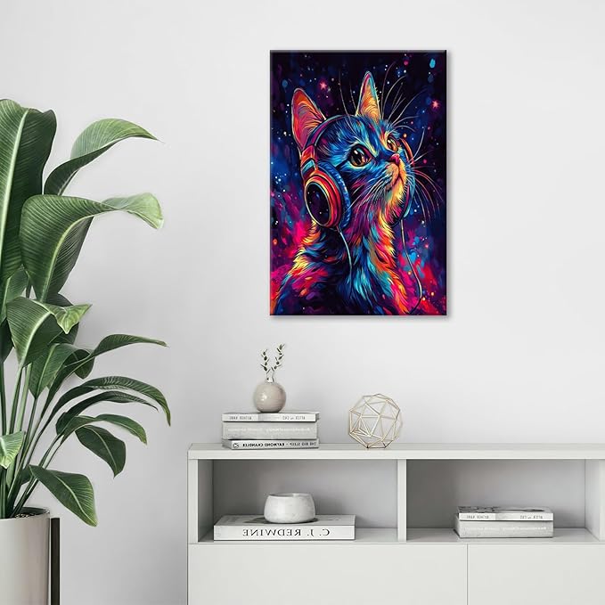 Cat Wall Art Canvas Fantastic Animal Wall Decor Prints Framed Painting Colorful Pictures Gifts Artwork for Bathroom Living Dining Kitchen 16"x24"