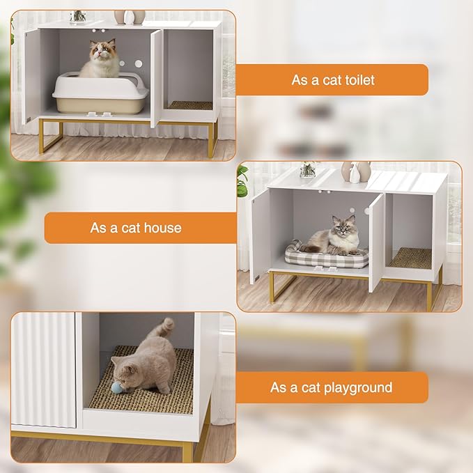 Cat Litter Box Enclosure, Fluted Hidden Litter Box Furniture with Scratch Pad and Metal Legs, Modern Enclosed Cat Cabinet, 31.5 x 17.7 x 21.7 Inches Indoor Pet House for Living Room, Washroom, White