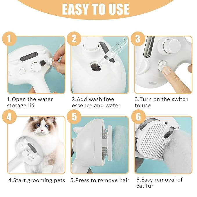 Cat Steam Brush for Shedding, Pet Steam Brush for Dog with Release Button,Anti-Static Pet Spray Hair Removal Comb,Cat Spray Comb for Long & Short Haired Pets,White