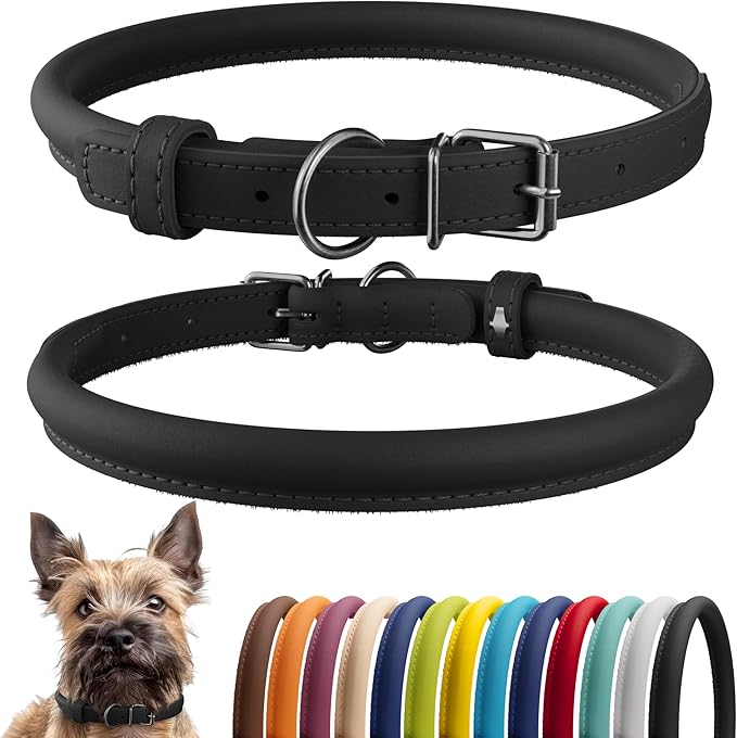 CollarDirect Rolled Leather Dog Collar, Soft Padded Round Puppy Collar, Handmade Genuine Leather Collar Dog Small Large Cat Collars 13 Colors (6-7 Inch, Black Smooth)