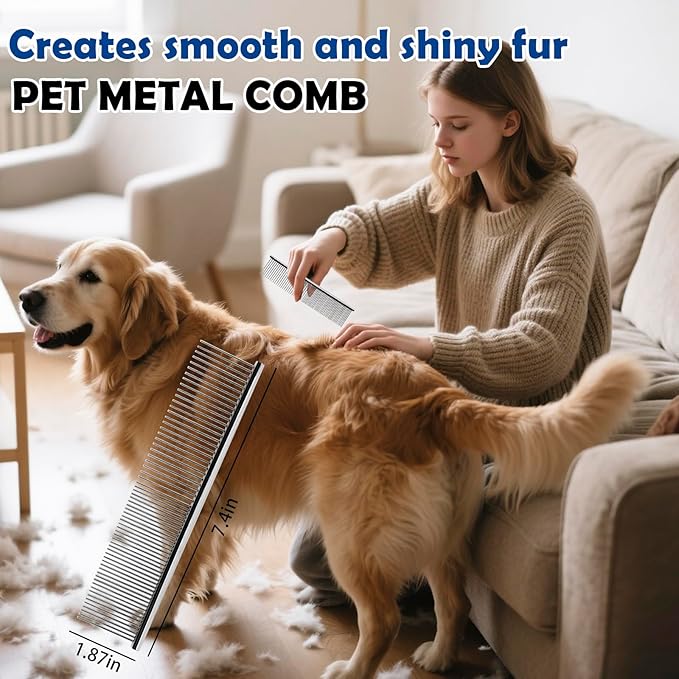 Dog Grooming Brush Set – 5-Piece Kit for Medium & Long-Haired Dogs | Includes Long Pin Brush, Flea Comb, Bath Glove, Silicone Glove, Metal Comb | For Poodles, Huskies & More (Blue)