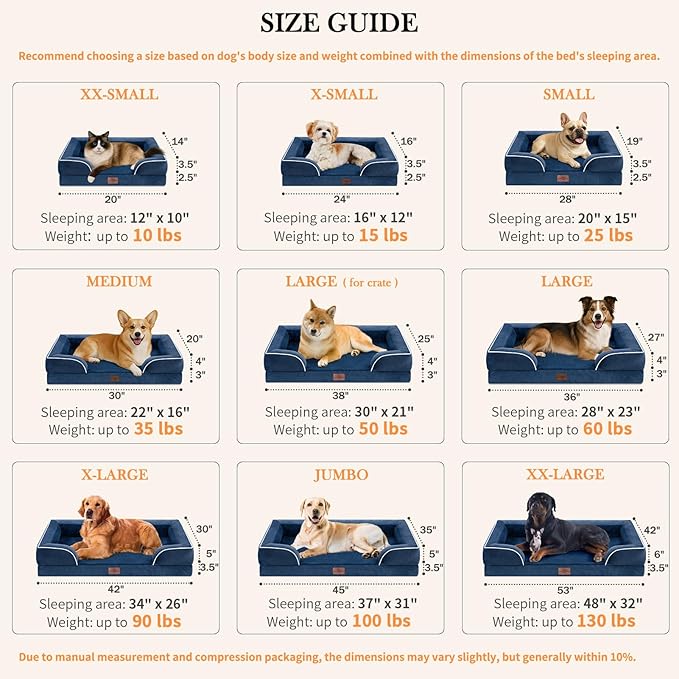 Comfort Expression Small Dog Beds Waterproof Orthopedic Foam Dog Sofa Beds for Medium Dogs Comfy Pet Bed with Washable Removable Cover & Non-Slip Bottom(Small,Navy Blue)