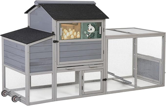 COZIWOW 82" Large Wooden Chicken Coop, Outdoor Rabbit Hutch with Wheels, Sunshine Board, Asphalt Roof, Ramp, Openable Top, Door, Window, Pull-Out Tray, Indoor Bunny Cage (Gray with Pattern)
