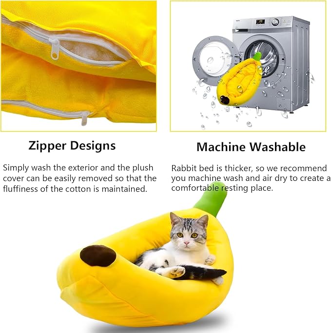 Bunny Bed,Rabbit Bed,Thick&Soft with Removable Mat,Machine Washable Guinea Pig Cushion,Cozy Bunny Plush House,Warm Small Animal Sleeping Beds(Yellow Banana Shape-M)