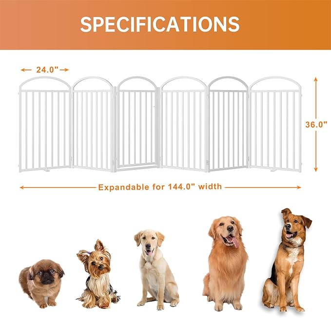 6 Panles Full Matel Freestanding Dog Gates with Door, 144"Extra Wide 36"Tall Free Standing Dog Pet Gate for Indoor & Outdoor. Foldable Pet Fences for Doorways, House, Stairs, Porch, Deck, Yard