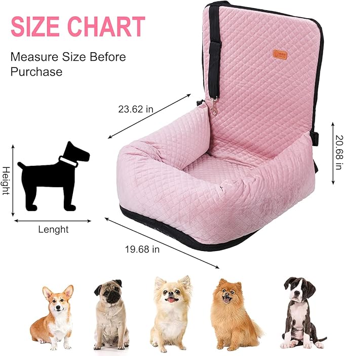 Dog Car Seat for Small Medium Dogs Up to 40lbs, Detachable Washable Soft Pet Booster Travel Bed for Front & Pink Seat with Safety Leash Belt