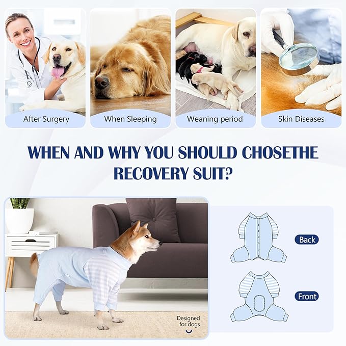 Dog Recovery Suit, Abdominal Wound After Surgery Wear, Anti Licking Bodysuit with Snaps, E-Collar & Cone Alternatives, Long Sleeve Dog Spay Surgical Onesie Prevent Shedding(Medium, Blue)