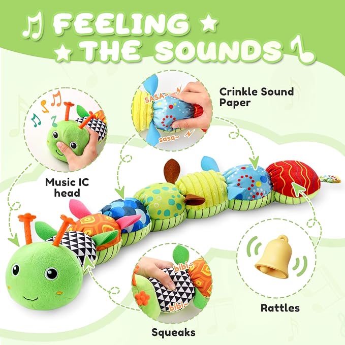 Baby Toys 0 to 12 Months, Musical Stuffed Animal Activity Soft Toys with Multi-Sensory Crinkle, Rattle and Textures, Infant Tummy Time Toys for Newborn Boys Girls, Caterpillar, Green