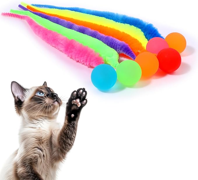 6 Pcs Bouncy Ball for Cats, Colorful Fuzzy Bouncy Cat Worm Toy Ball Fuzzy Worms (Balls Colors are Random)